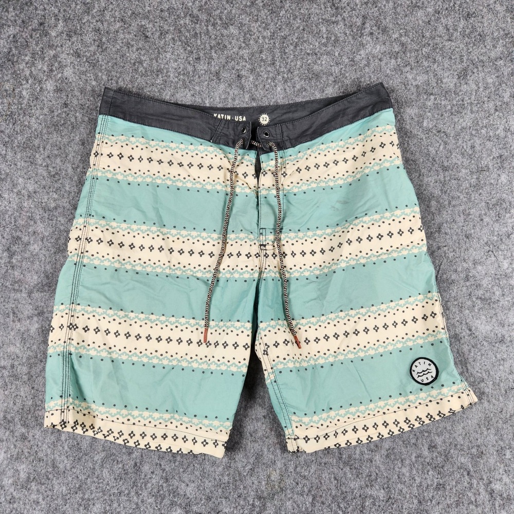 Katin USA Mens Board Shorts Size 32 Aqua Blue Geometric Stripe Surf Trunks Beach
